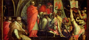 Clément IV (1265-68) remettant des armes aux chefs du parti guelfe du plafond du Salone dei Cinquecento, 1565